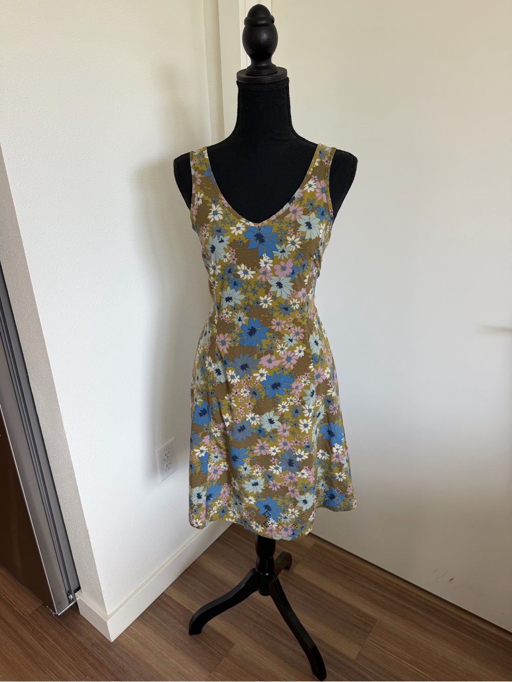 Toad&Co Olive Floral V-Neck Mini Dress with Blue and Pink Accents